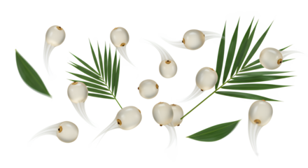 Ethereal scattering of glistening white tropical seeds and vibrant green palm leaves against a pristine white background, evoking fresh, natural elegance