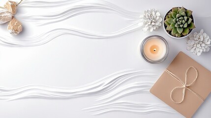 A tranquil arrangement featuring a lit candle, a succulent plant in a pot, a brown gift box tied with twine, and decorative white flowers and dried seed pods on