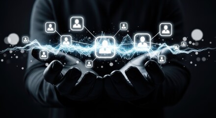 Hands hold glowing network of people icons representing social connections and technology integration for business development and communication solutions