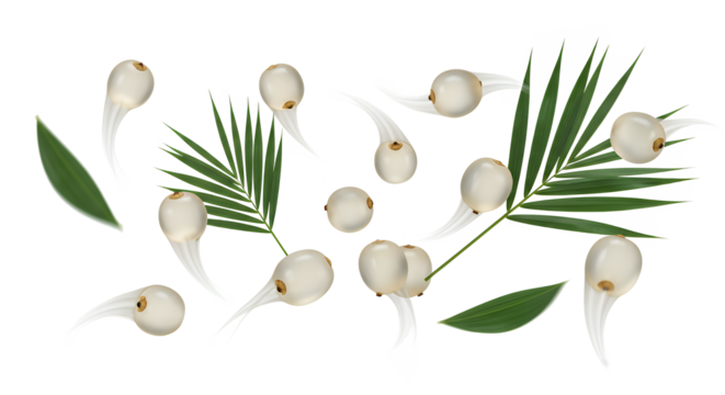 Ethereal scattering of glistening white tropical seeds and vibrant green palm leaves against a pristine white background, evoking fresh, natural elegance