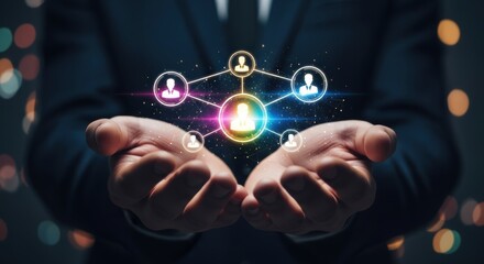 Person presenting a glowing network of connected people showcasing collaboration and global connections