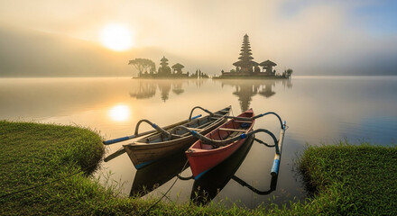 Serenity at Sunrise: Traditional Boats and Candi Bedugul Reflected in Lake.
