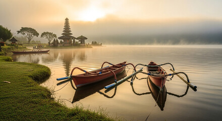 Traditional Boats at Sunrise in Bedugul, Bali with Candi Bedugul in the Background