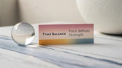 Time Balance Concept with Transparent Sphere and Inspirational Quote on a Light Background in Soft Pastel Tones