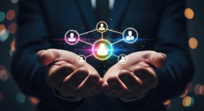 Person presenting a glowing network of connected people showcasing collaboration and global connections