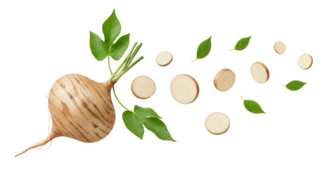 Jicama with Slices and Green Leaves on White Background