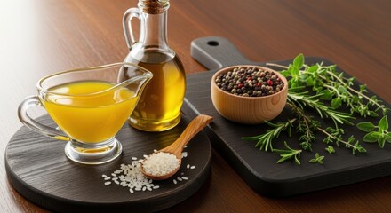 Ghee butter in a glass gravy boat olive oil herbs and spices on a wooden cutting board culinary ingredients for cooking