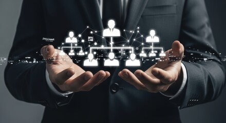 Businessman holding an organization chart representing corporate hierarchy and company structure showcasing teamwork and leadership