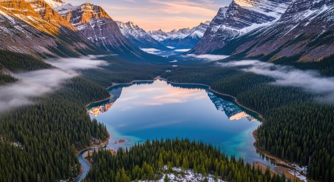 Aerial view of a serene lake surrounded by snow-capped mountains and lush forests.