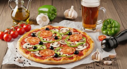 Delicious pizza with tomatoes mushrooms and peppers served with beer and fresh ingredients perfect for a restaurant menu or food blog