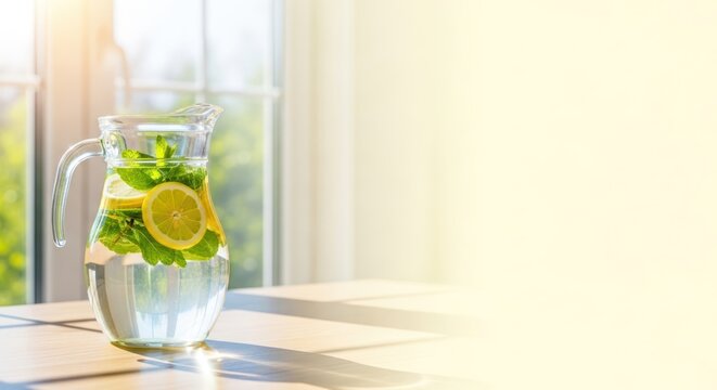 Refreshing lemon and mint infused water in a glass pitcher bathed in sunlight