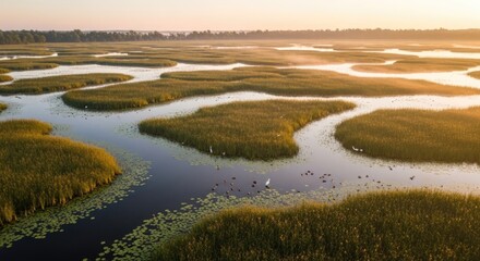 Fototapeta premium Aerial view of a serene wetland landscape at sunrise.