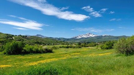 Fototapeta premium Serene Landscape with Rolling Hills, Vibrant Wildflowers, Snow-Capped Mountains, and Clear Blue Sky in a Peaceful Nature Scene
