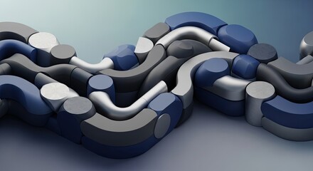 Modern abstract 3D render of blue, grey, and white geometric shapes interlocked for a dynamic background, conveying innovation, technology, and cutting-edge design appeal