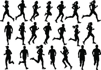 Silhouette vector illustration of people running in different poses, jogging and exercising athletes collection, fitness training, marathon runners, active lifestyle concept