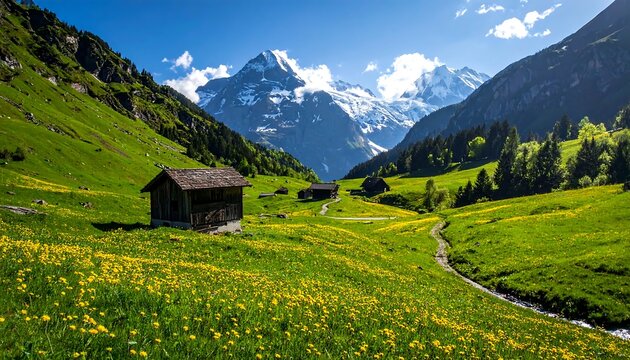 Sunny valley with wooden houses, flowers, and snow-capped mountains