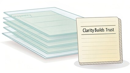 Transparent sheets stacked with a note emphasizing the importance of clarity in building trust in communication and relationships