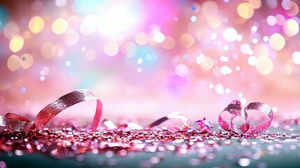 Fototapeta premium A close-up shot of pink glitter confetti and ribbons scattered on a surface, with a soft, blurred background of pink and yellow bokeh lights.