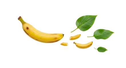 A whole banana and several sliced pieces are arranged with green leaves on a white background, representing a healthy snack or ingredient