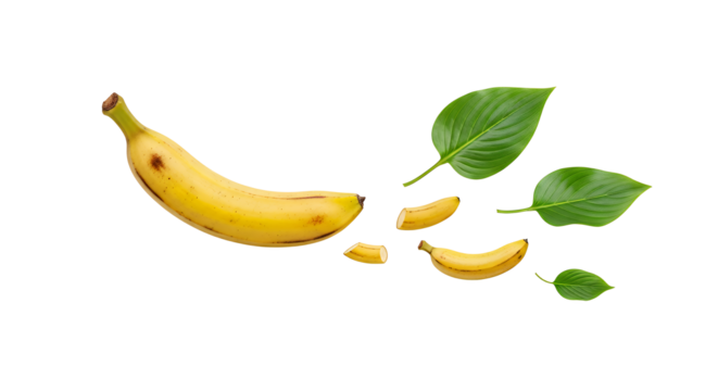 A whole banana and several sliced pieces are arranged with green leaves on a white background, representing a healthy snack or ingredient