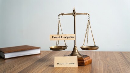 Vintage balance scale with financial judgement and stability concept displayed on wooden table in office setting