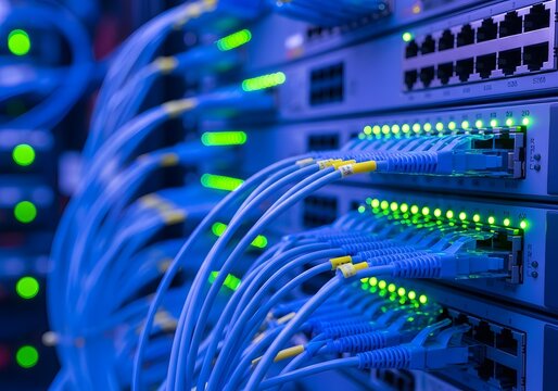 Close-up of Ethernet Cables Plugged into Network Switch Data Center Technology