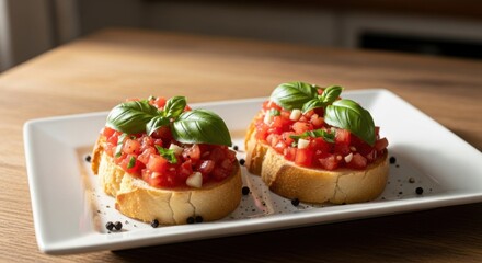 Two bruschetta appetizers with fresh tomatoes and basil served on a white plate perfect for a light lunch or snack