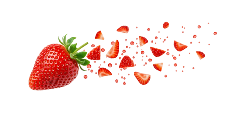 Juicy red strawberry exploding into vibrant, refreshing pieces, captured in dynamic motion on a crisp white backdrop, symbolizing natural goodness, health, and delightful flavor