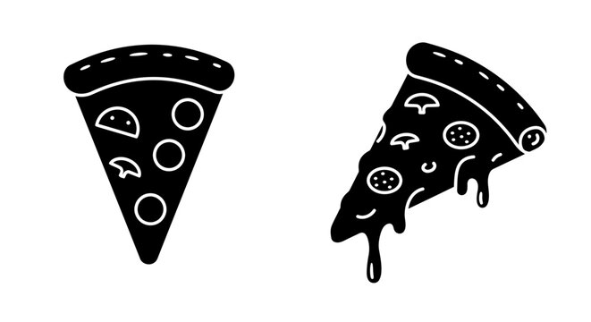 Two stylized black silhouette pizza slices, one whole and one dripping with cheese, presented as modern vector graphic icons perfect for food-related designs.