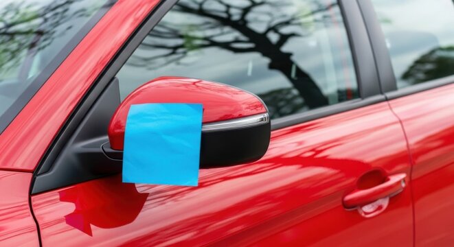 Red car side mirror with blue sticky note reminder on vehicle car maintenance concept - Powered by Adobe
