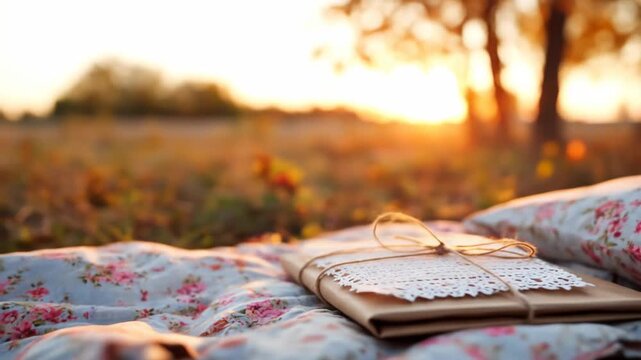 Autumnal gift package with decorative lace on a floral patterned fabric outdoors during warm light