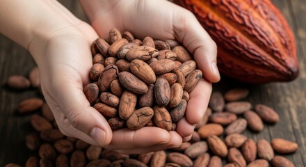 Hands holding raw cocoa beans fresh from the harvest with a cocoa pod in the background