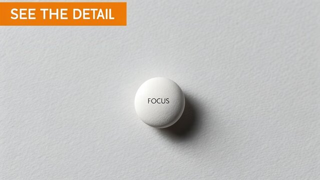 White tablet with the word focus on a gray background for concepts of concentration, mindfulness, and mental clarity in stock photography