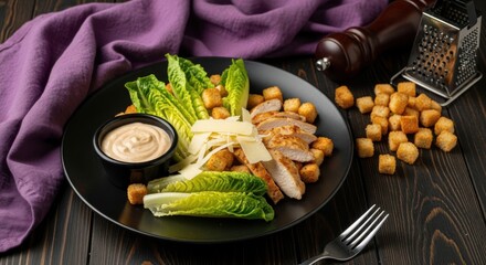 Delicious Caesar salad with grilled chicken parmesan cheese and croutons on a black plate served on a dark wooden table
