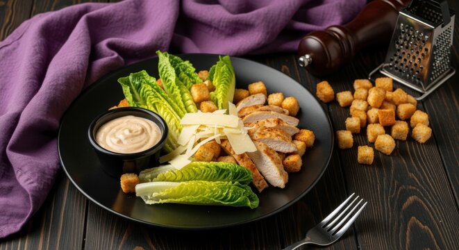 Delicious Caesar salad with grilled chicken parmesan cheese and croutons on a black plate served on a dark wooden table