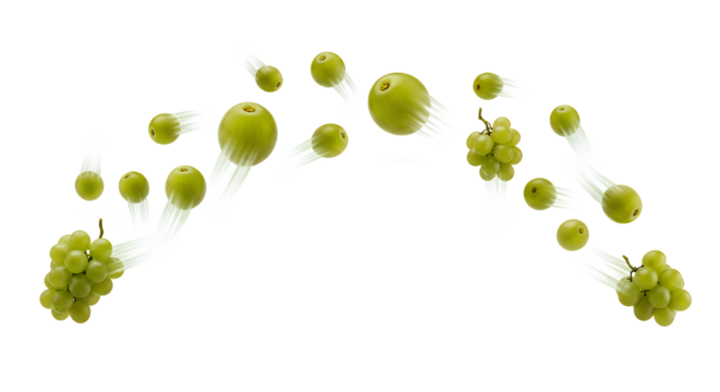 Vibrant green grapes, both whole bunches and individual berries, captured in a dynamic arc of motion against a pristine white background, symbolizing freshness, vitality, and natural energy
