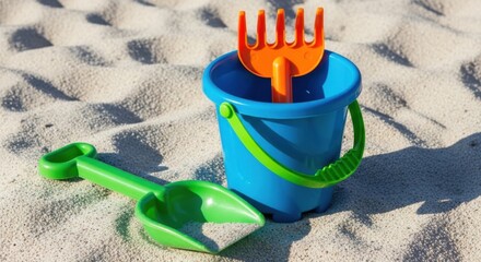 Beach toys on sand blue bucket green shovel and orange rake summer vacation concept
