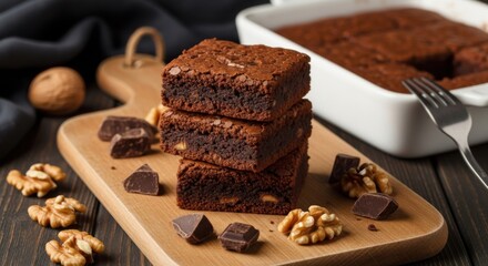 Stack of homemade chocolate brownies served on a wooden board with walnuts and chocolate chunks delicious dessert
