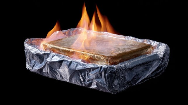Burning rectangular object ignited in aluminum foil tray with vivid flames against a black background, demonstrating fire hazard and cooking safety concerns