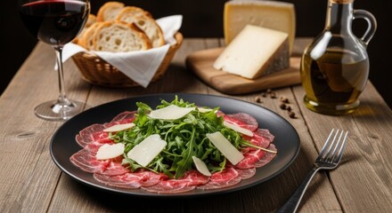 Delicious beef carpaccio with arugula and parmesan served with red wine and cheese a gourmet appetizer for fine dining