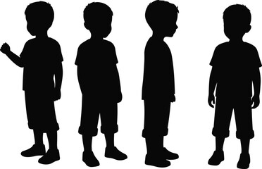 Silhouette vector illustration of young boys standing in different poses, children figures concept, childhood growth, education, innocence and simple lifestyle design