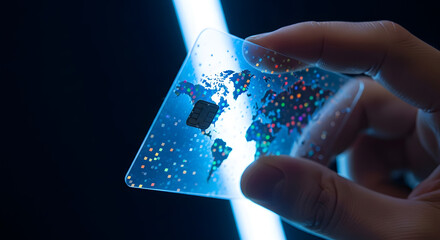 Hand Holding Translucent Credit Card with World Map Design in Blue Light