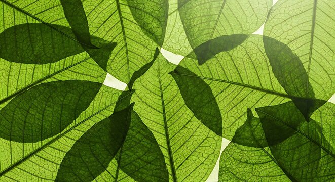 A detailed, abstract close-up of overlapping bright green leaves backlit by sunlight, clearly highlighting the intricate, delicate vein structures and natural texture.