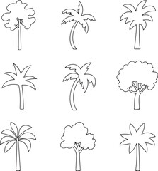 Outline drawings of diverse trees and palm trees in simple style