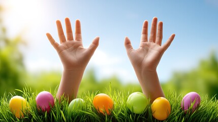 Fototapeta premium Hands Raised in Joy Among Colorful Easter Eggs in Lush Green Grass Under Bright Blue Sky with Sunlight Glowing in the Background