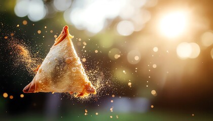 A crispy samosa flipping in mid-air with spice dust, backlit by golden hour sunlight.
