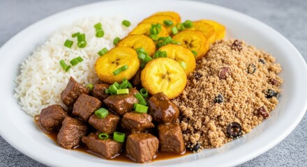 Brazilian dish with rice fried plantains meat and farofa a traditional and flavorful meal served on a white plate
