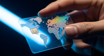 Transparent Credit Card with World Map Design Held in Hand, Modern Finance