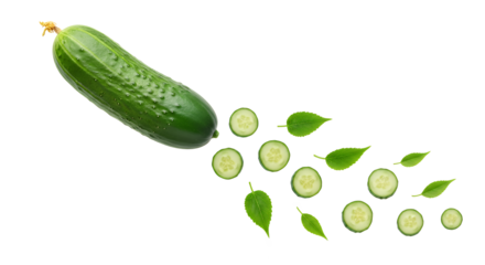 Refreshing whole green cucumber with its crisp, neatly cut slices and vibrant leaves, dynamically arranged to symbolize natural health, vibrant nutrition, and fresh produce