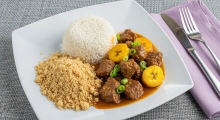 Brazilian dish with meat rice farofa and fried banana on a white plate traditional cuisine from Brazil